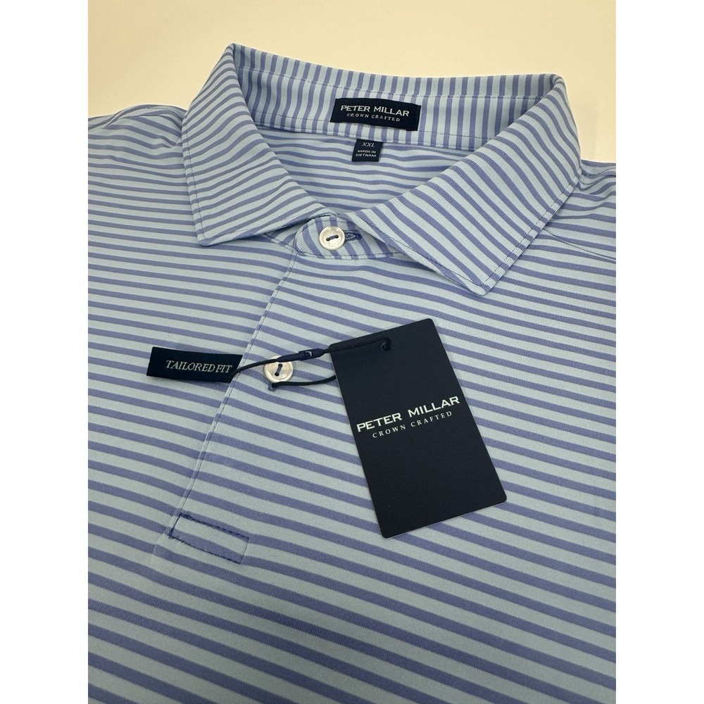 NWT Peter Millar Sawyer Performance Jersey Golf Polo Shirt Blue Striped XXL $115